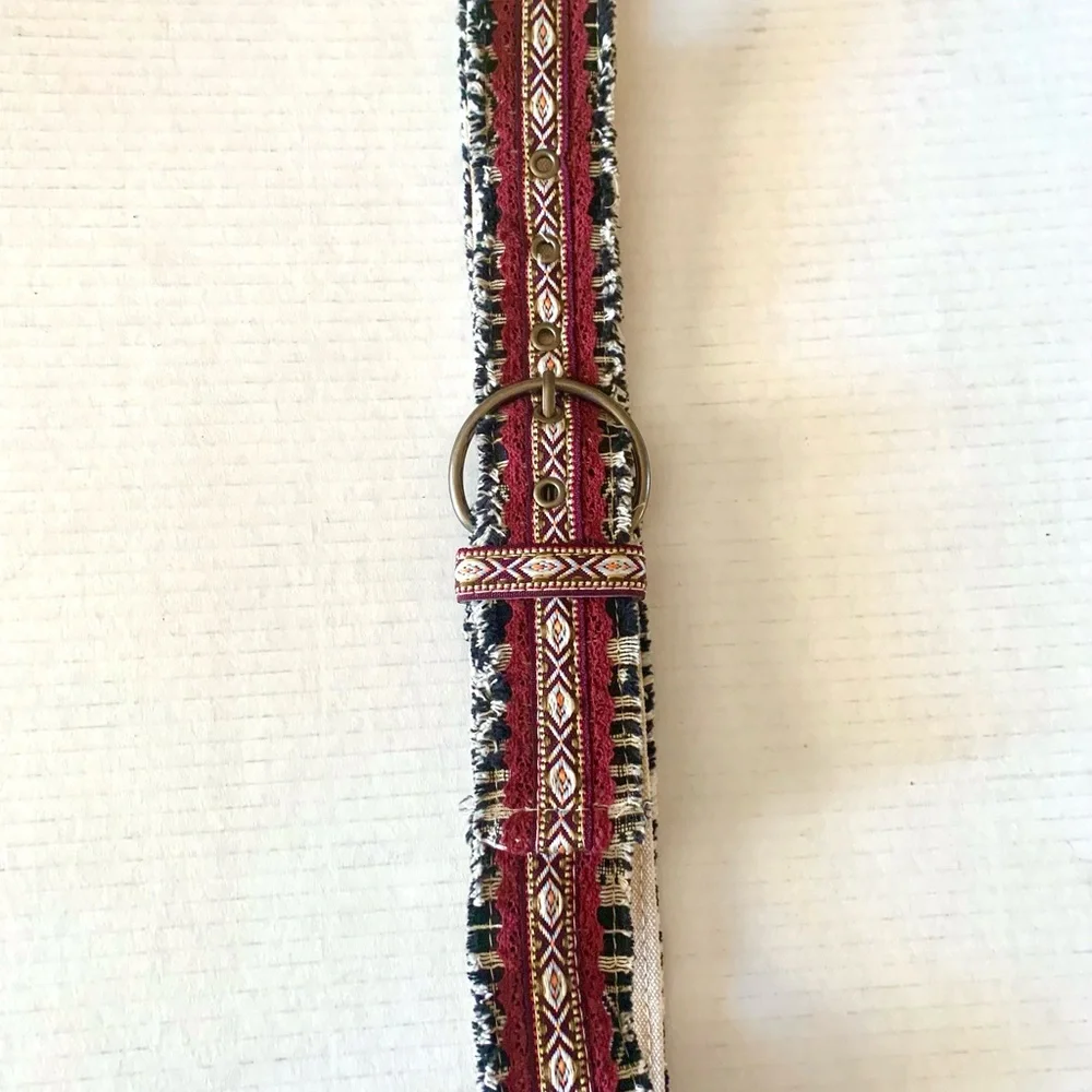 90s Aztec tribal print woven cloth fringe belt Bohemian Boho
